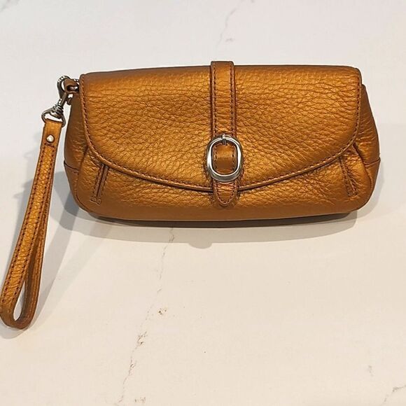 Talbot's Metallic Gold Pebbled Leather Wristlet Clutch Bag Silver Hardware - Picture 11 of 11